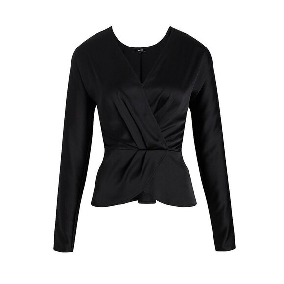 Express Women's Satin Draped Top Size XS Black Long Sleeves Faux Wrap NWT $58 - Picture 5 of 16